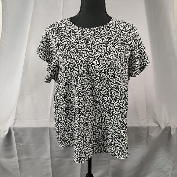 Adrianna Papell Shirt Womens Large Black White Floral Print Short Sleeve Blouse - Picture 1 of 13